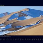 02 Februar, Kalender mit Sanddünen und Schneeflecken unter blauem Himmel.