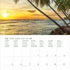 Kalender für Juli 2027, mit Wochentagen in mehreren Sprachen. Bild oben: Palmen, Sonnenuntergang über dem Meer.