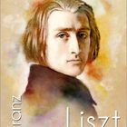 Text: "Franz Liszt". Eine Illustration eines Mannes mit langen Haaren und ernstem Blick. Kalender unterhalb der Illustration.