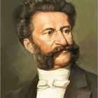 Kalenderseite, unten: "Johann Strauss, 1825 - 1899". Porträt eines Mannes mit vollem Schnurrbart und dunklem Anzug.