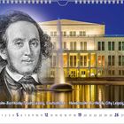 Text: "Mendelssohn-Bartholdy-Stadt Leipzig, Deutschland." Illustration: Porträt von Mendelssohn vor beleuchtetem Gebäude.