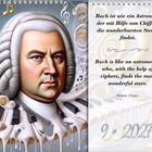 Zitat von Frédéric Chopin über Bach. Links Porträt von Bach mit Musiksymbolen und Orgel im Hintergrund.