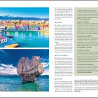 Textausschnitte: Chania, Chora Sfakion, Preveli und verschiedene Campingplätze mit GPS-Daten. Links oben, bunte Gebäude am Hafen. Darunter Felsformation im Meer.