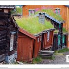Das Bild zeigt traditionelle Holzhäuser mit grasbewachsenen Dächern. Ein Text beschreibt das Bergbaumuseum in Røros.