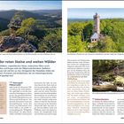 Im Reich der roten Steine und weiten Wälder. Links: Felsformation, viele Bäume. Rechts oben: Turm im Wald. Unten: Person im Wald.