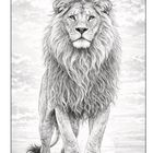 Eine realistische Illustration zeigt einen majestätischen Löwen auf einem Felsen vor bewölktem Himmel.