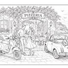 "Pasta Market", "Fatto in Casa". Marktstand mit Pasta, Gemüse, Käse. Verkäuferin, Vespa im Hintergrund. Mediterrane Szene.