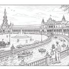 Es gibt keinen Text. Eine detaillierte Zeichnung eines Platzes mit Brücke, Booten, Kutsche, Brunnen und einer großen Arkade.