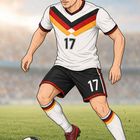 Die Zahl 17 ist sichtbar. Ein Spieler in einem weißen Trikot mit schwarz-rot-goldenem V auf dem Rasen, führt einen Fußball.