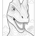 Illustration eines Dinosauriers mit geöffnetem Maul, zwei Hörner auf dem Kopf. Im Hintergrund Berge und Palmen.