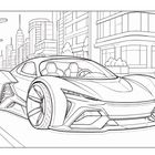 Eine Skizze eines futuristischen Autos in einer modernen Stadt mit hohen Gebäuden und Bäumen entlang der Straße.