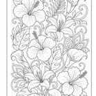 Keine Texte vorhanden. Eine detaillierte Blumenillustration mit Hibiskus, Lilien, Callas und Zierblättern.