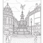 "Piccadilly Circus" und "94". Eine detaillierte Illustration eines bekannten Platzes mit einer geflügelten Statue und Menschen.