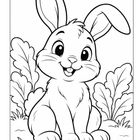 Illustration eines lächelnden Kaninchens mit großen Ohren, umgeben von Pflanzen und einem kleinen Stein.