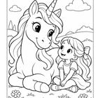 Illustration von einem Einhorn, das neben einem fröhlichen Mädchen mit Zöpfen auf einer Wiese sitzt.