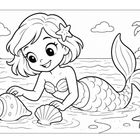 Illustration eines fröhlichen Meerjungfrauenmädchens am Strand mit Muscheln, Stern und Palmen im Hintergrund.