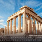 "Parthenon (Tempel) auf Akropolis, Athen" und Kalender. Antiker Tempel mit Säulen vor blauem Himmel und Wolken.