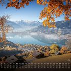 Zell am See, Monat 10, Kalender mit herbstlicher Berg- und Seelandschaft, buntes Laub im Vordergrund.