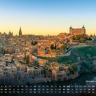 Altstadt von Toledo. Kalendernummern darunter. Sonnenuntergang beleuchtet historische Gebäude und Flusslandschaft.