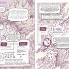 Texte beschreiben die Entwicklung von Epos zu Romanze, Beowulf, und Romantik. Zeichnungen von Figuren in waldartiger Umgebung.