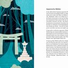 **Japanische Wälder**  
Text über Shinrin-yoku, Naturtherapie, japanische Waldpfade und bedeutende Waldgebiete.  
Illustration: Ein japanisches Torii im Wald.