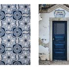 Links: Blau-weißes Kachelmuster. Rechts: "Villa Azzurra", Hausnummer 116 über einer blauen Tür in einer alten Fassade.