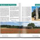 "Wandern in der Provence", "Autorin". Blühender Mohn im Luberon. Bild eines Mohnfelds mit Bäumen und kleinem Gebäude.