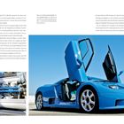 Text: Beschreibung eines Bugatti EB 110, technische Details, Geschichte. Rechts Bild eines blauen Autos mit offenen Türen.