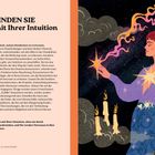 Text: "VERBINDEN SIE sich mit Ihrer Intuition". Links Text über Intuition. Rechts farbenfrohe Illustration einer Frau mit Stern.
