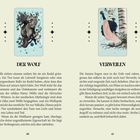 Links: "DER WOLF", Text über Wölfe, Mythologie und Spirit. Rechts: "VERWEILEN", Text über Ruhe und Beobachtung in der Natur.