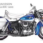 HARLEY-DAVIDSON ELECTRA GLIDE 1200, 1965. Illustration eines blauen Motorrads mit weißem Sitz und Seitenkoffern.