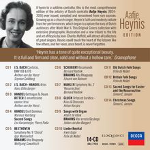 Aafje Heynis Edition: Übersicht von 14 CDs mit Werken von Bach, Schubert, Beethoven und mehr. Enthält Lob von Gramophone. Logos: Eloquence, DECCA.