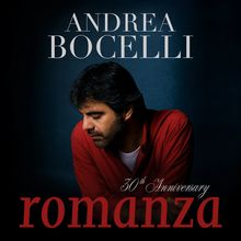 Text: "ANDREA BOCELLI", "30th Anniversary", "romanza". Ein Mann in rotem Hemd schaut nach unten vor dunklem Hintergrund.