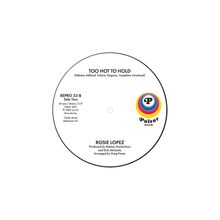 "Too Hot to Hold", "REPRO 33-B", "Rosie Lopez", bunter "Pulsar Records" Kreis-Logo, scheibenförmig, wie eine Schallplatte.