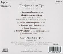 CD Cover von Christopher Tye mit Titelliste, darunter "The Peterhouse Mass" und "CINQUECENTO Renaissance Vokal".
