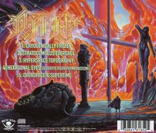 Logo in Flammenoptik oben. Darunter fünf Titel: "CRYOGENICALLY FROZEN" usw. Illustration: futuristische Landschaft.