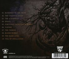 1. Banished to the Skies, 2. The Colossal Rage, 3. The Atrophied, 4. Spiral, 5. Fortunes Engraved in Blood; dunkle, düstere Illustration.