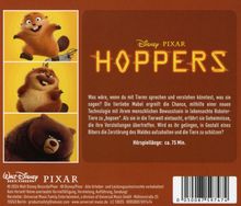 Disney Pixar Logo und Text: "Hoppers". Beschreibung über Tiere sprechen und schützen. Drei tierische Figuren werden gezeigt.