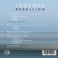 LEGENDS REBELLION: Tracks 1-15 benennen Themen wie Liebe, Verlust, Exil und Original Rebellion, mit Künstlerdetails.