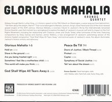 „GLORIOUS MAHALIA“ oben zentral, darunter „KRONOS QUARTET“. Links Titel wie „Hold on“ und rechts Titel wie „Protest“.