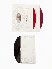 Es steht „Heaven“ oben und „Death“ unten. Mehrere Schallplatten in schlichtem, künstlerisch gestaltetem weißen Cover.