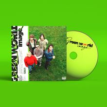 "Green World Image", "HEALTH", Sub Pop, Menschen auf grünem Gras, CD, knallgrüner Hintergrund, fünf Personen von oben fotografiert.