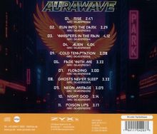 "AURAWAVE" Album-Trackliste mit Titeln und Zeiten. Hintergrund: dunkle Stadtszene mit leuchtenden Schildern.