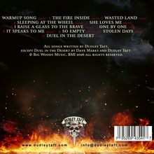 Trackliste mit Songs und Zeiten. Unten eine Flammenkulisse mit einem Totenkopf-Logo und einer Webseite.