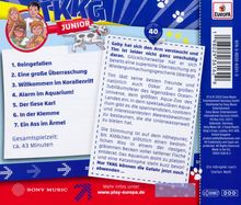 1. Reingefallen
2. Eine große Überraschung
3. Willkommen im Korallenriff
Logo: TKKG JUNIOR mit einem Hund.