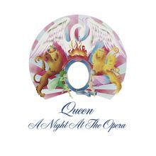 "Queen A Night At The Opera" in eleganter Schrift. Zwei Löwen mit Kronen, Engelsflügel und Krone. Bunte, verspielte Gestaltung.