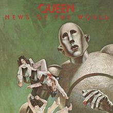 "Queen News of the World" in Rot auf grünem Hintergrund. Ein großer Roboter hält verletzte Menschen in seiner Hand.