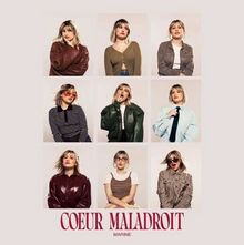 "COEUR MALADROIT" und "MARINE" unten. Neun Fotos einer Frau in verschiedenen Outfits und Posen in einem Raster.