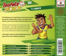 „Teufelskicker 108: 1 x anders“ steht oben. Ein fröhlicher Junge im gelben Trikot zeigt auf den Betrachter.