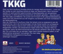 "Die Weihnachtsgeiseln" ist ein Hörspiel mit TKKG im Kaufhaus. Illustration: Vier Jugendliche mit Hund.